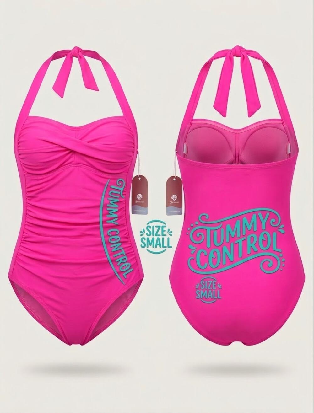 Tummy Control Halter One Piece Swimsuit Ruched Slimming Vintage Bikini (Small)